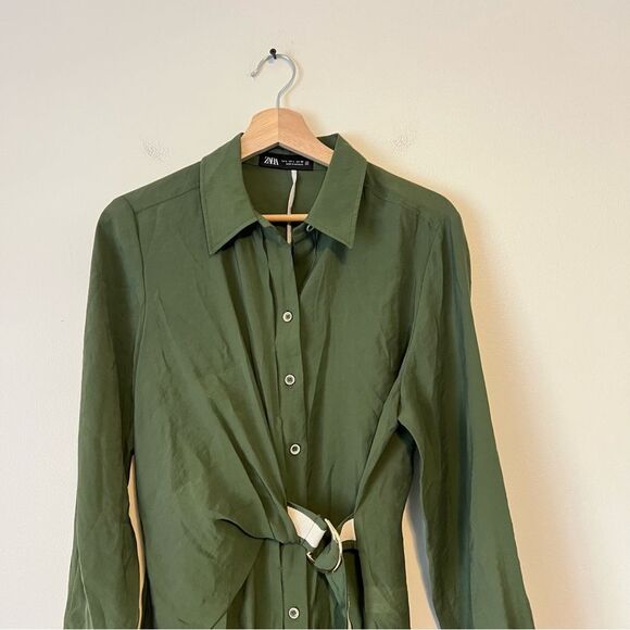 Zara Belted Mini Shirt Dress Size Large in Green Blogger Favorite Long Sleeve - Picture 5 of 9